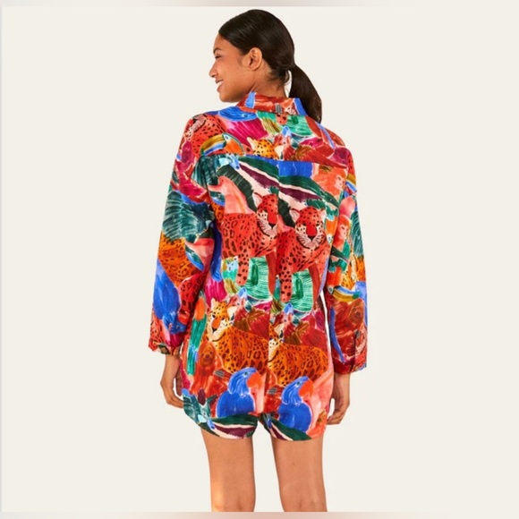 Farm Rio Anthropologie Linen Jungle Print Relaxed Linen Romper Long Sleeve Small - Picture 10 of 15
